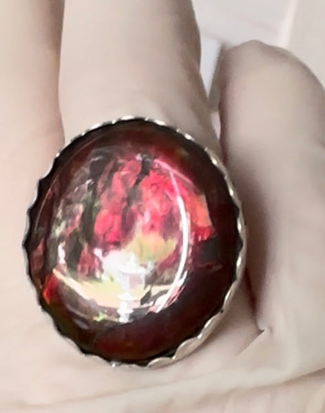 Ammolite .925 sterling silver ring with Bright Red Ammolite gem JWY-108