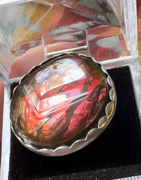 Ammolite .925 sterling silver ring with Bright Red Ammolite gem JWY-108
