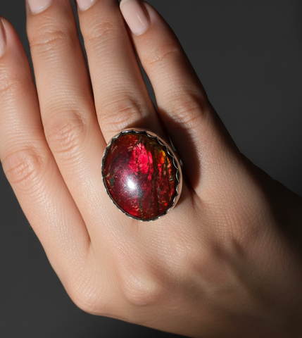Ammolite .925 sterling silver ring with Bright Red Ammolite gem JWY-108