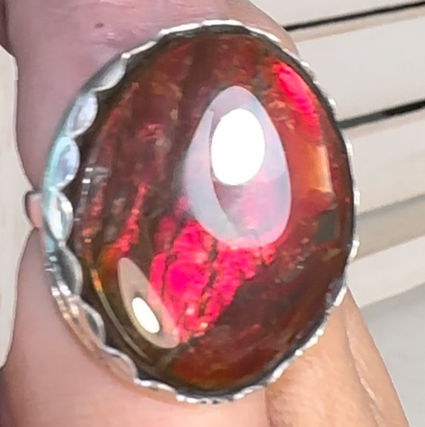 Ammolite .925 sterling silver ring with Bright Red Ammolite gem JWY-108