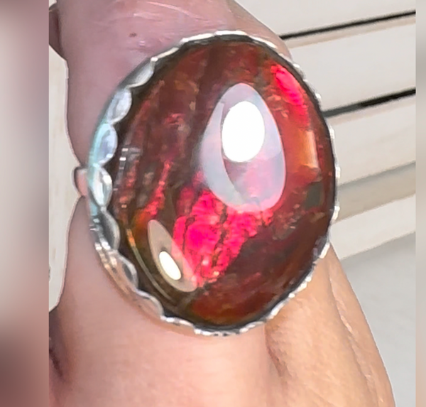 Ammolite .925 sterling silver ring with Bright Red Ammolite gem JWY-108