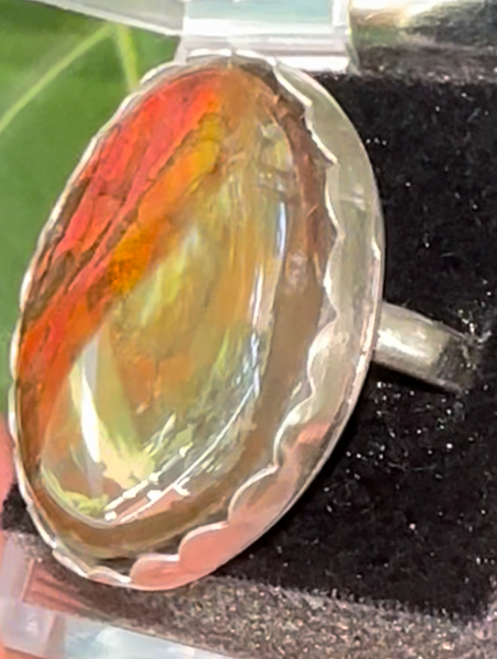 Ammolite .925 sterling silver ring with Bright Red Ammolite gem JWY-108