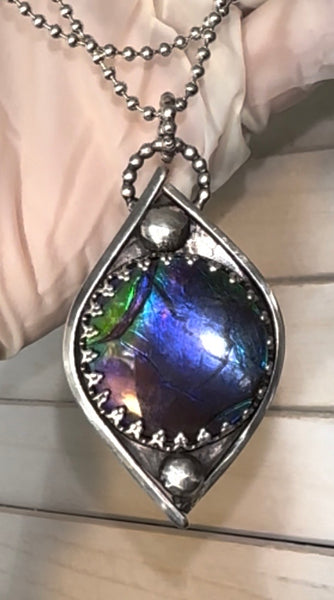 Blue Purple and Green Ammolite Pendant - JWY-369