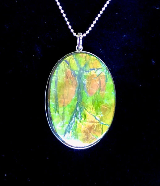 Ammolite .925 sterling silver necklace Large  Natural Polished Stone 40x30mm Silver Pendant JWY-10