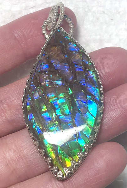 [Custom Order] for" H" Ammolite .925 sterling silver necklace Large  Natural Polished Stone 40x30mm Silver Pendant JWY-10