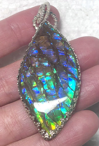 [Custom Order] for" H" Ammolite .925 sterling silver necklace Large  Natural Polished Stone 40x30mm Silver Pendant JWY-10