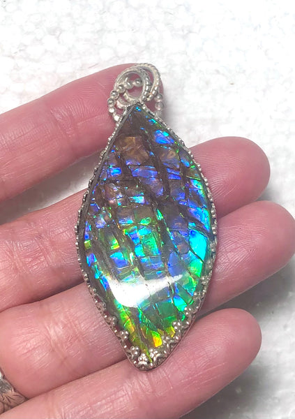 [Custom Order] for" H" Ammolite .925 sterling silver necklace Large  Natural Polished Stone 40x30mm Silver Pendant JWY-10