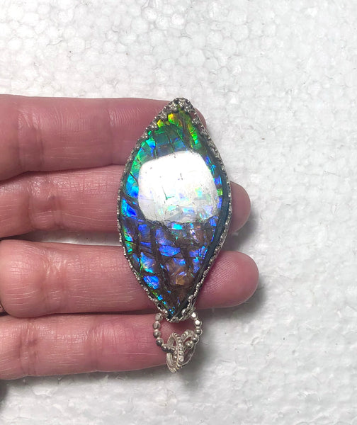 [Custom Order] for" H" Ammolite .925 sterling silver necklace Large  Natural Polished Stone 40x30mm Silver Pendant JWY-10