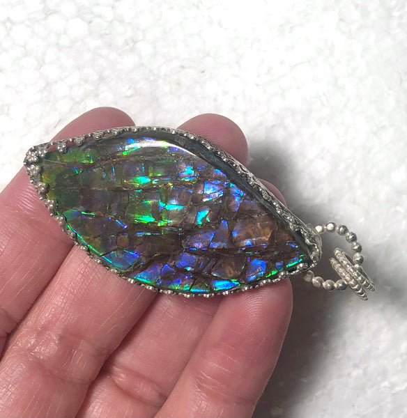 [Custom Order] for" H" Ammolite .925 sterling silver necklace Large  Natural Polished Stone 40x30mm Silver Pendant JWY-10