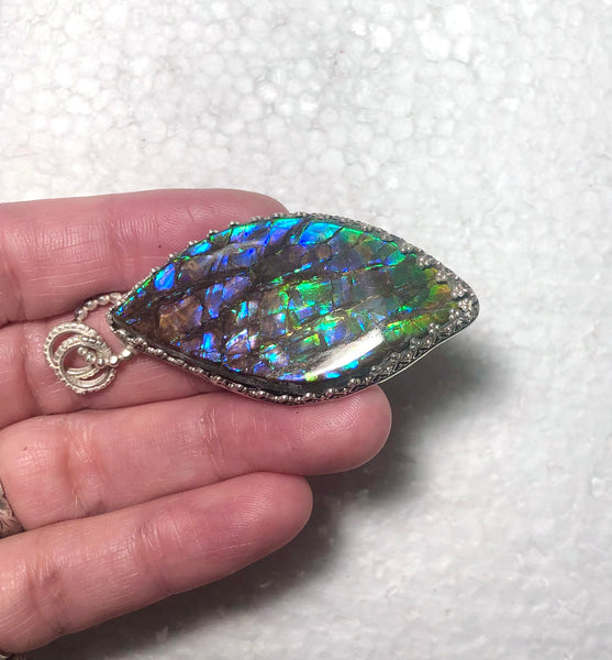 [Custom Order] for" H" Ammolite .925 sterling silver necklace Large  Natural Polished Stone 40x30mm Silver Pendant JWY-10
